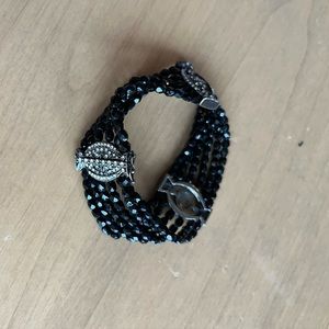Ralph Lauren Black Beaded Gunmetal Rhinestones Stations Slide Clasp Bracelet